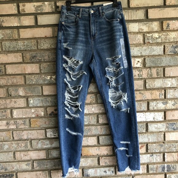 American Eagle Outfitters Denim - New American Eagle Denim Stretch Curvy Mom Jeans Distressed Size 4L 4 Long 27
